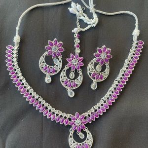 Purple and silver simple set with Necklace, Earrings and Tikka